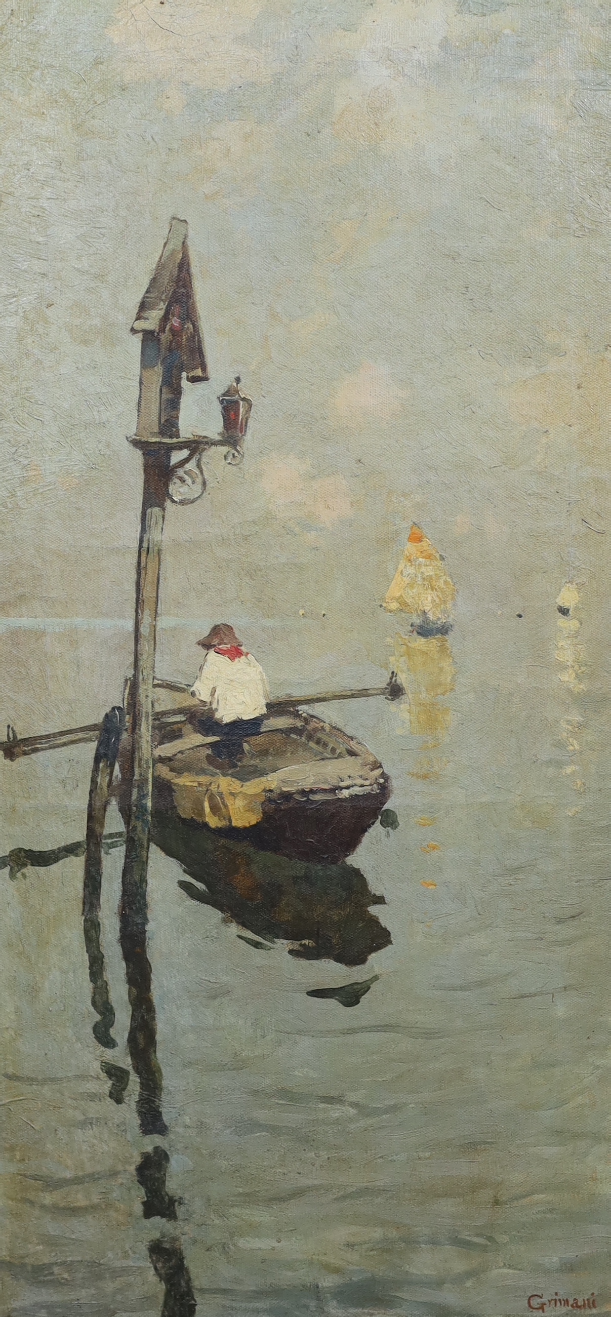 Guido Grimani (Italian, 1871-1933), Fishing boats off Venice, oil on canvas, 78 x 37cm